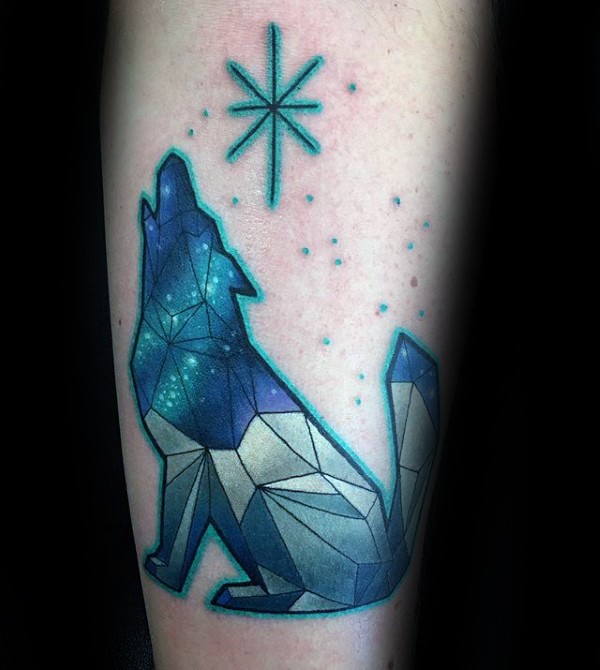 Colored geometrical style colored tattoo of wolf with big star