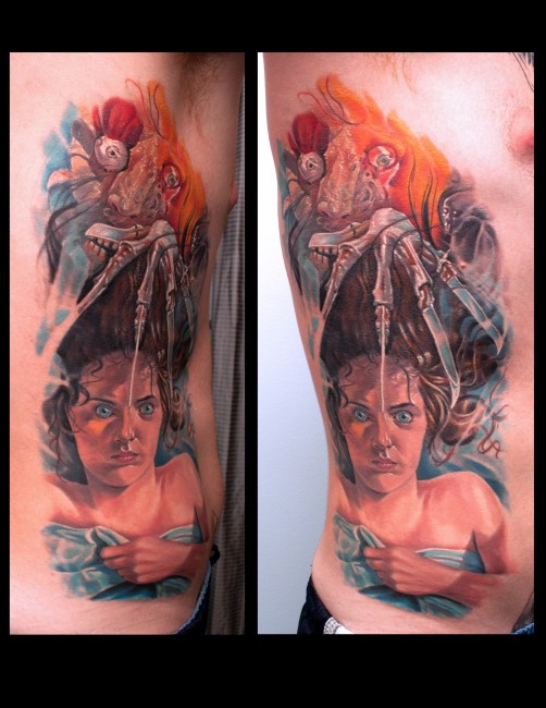 Colored horror  side tattoo of demon and creepy woman