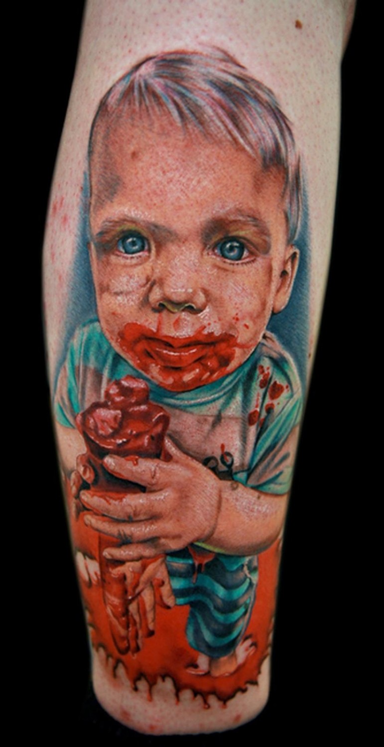 Colored horror style big forearm tattoo of little boy with bloody hand