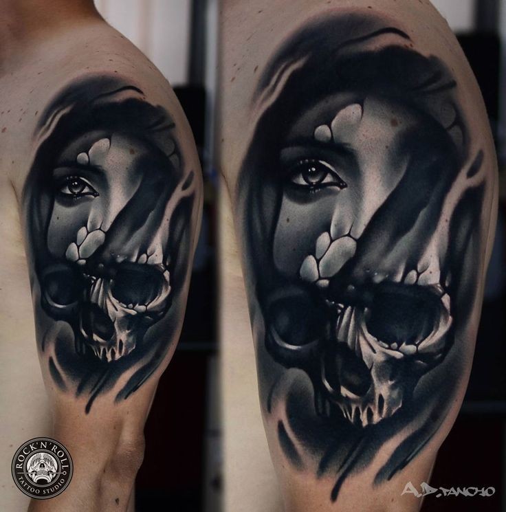 Colored horror style black and white shoulder tattoo of woman face and skull