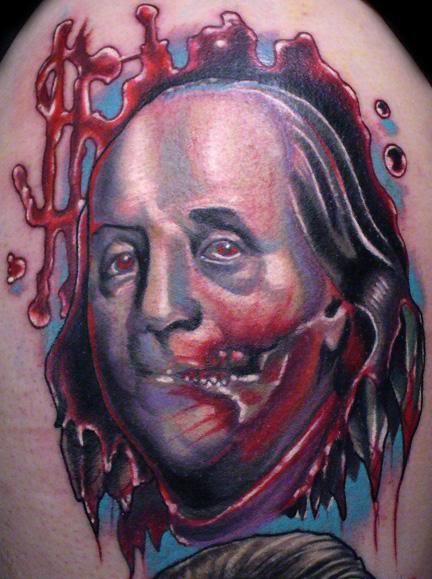 Colored horror style colored shoulder tattoo fo bloody America president