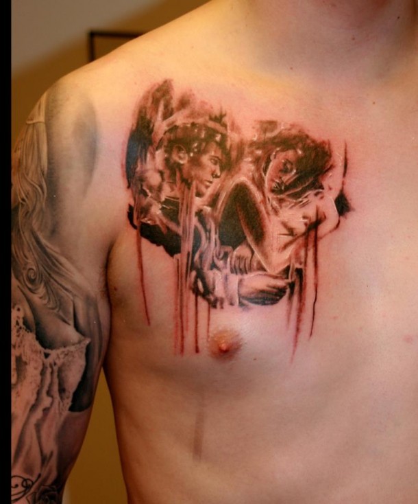 Colored horror style creepy looking chest tattoo of human skull