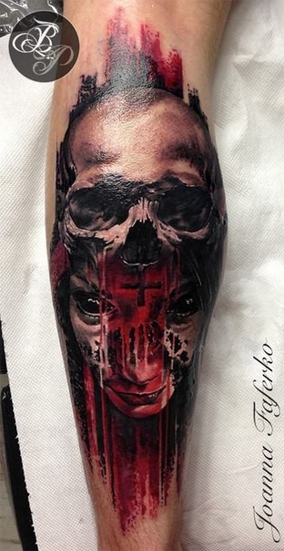Colored horror style creepy looking leg tattoo of bloody demon with human skull