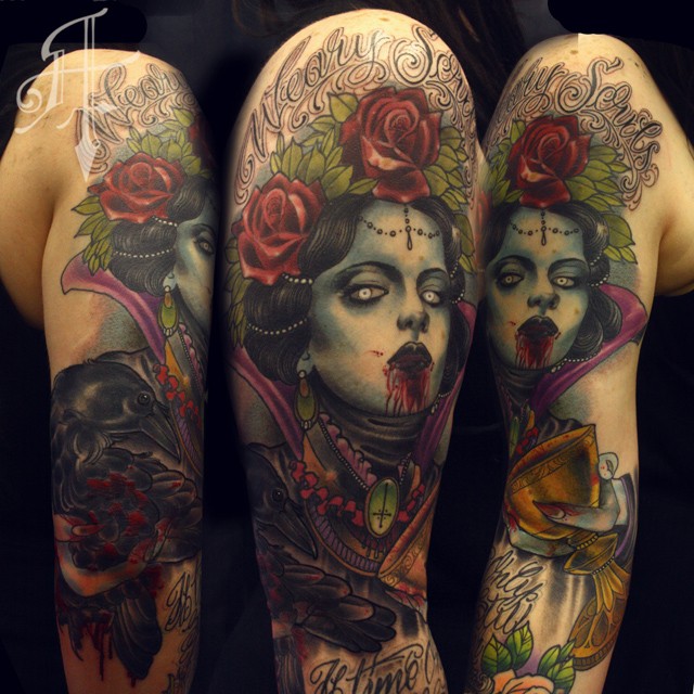 Colored horror style creepy looking shoulder tattoo of bloody woman with roses and lettering