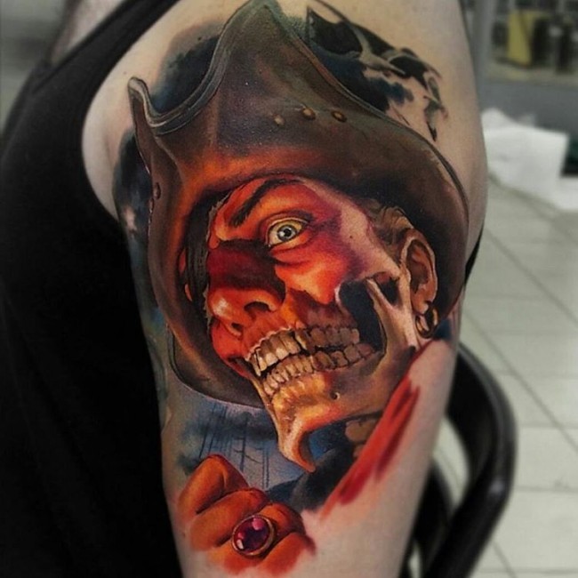 Colored horror style creepy looking shoulder tattoo of pirate skeleton