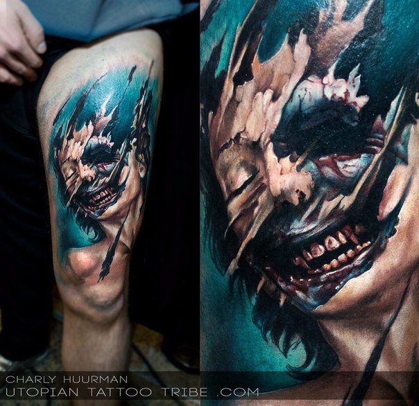 Colored horror style creepy looking thigh tattoo of zombie woman portrait