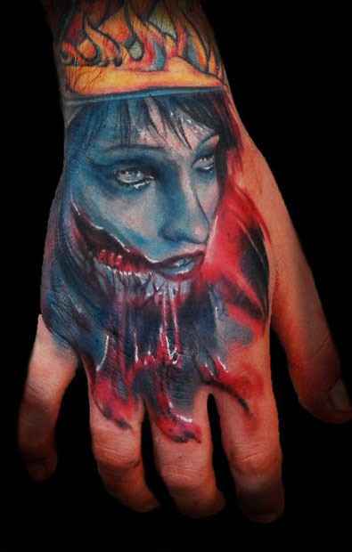 Colored horror style hand tattoo of zombie woman portrait