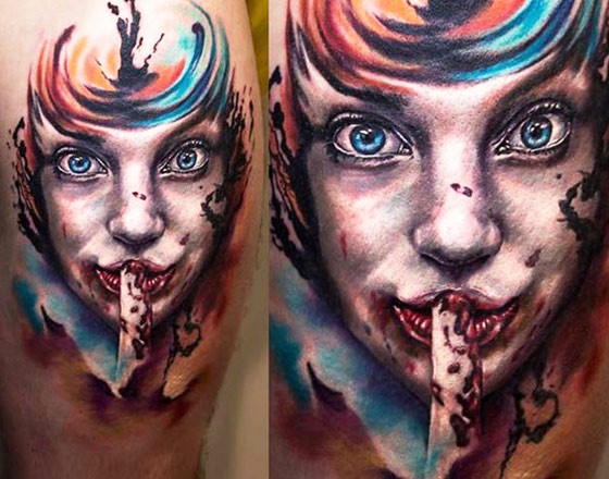 Colored horror style interesting looking bloody woman face