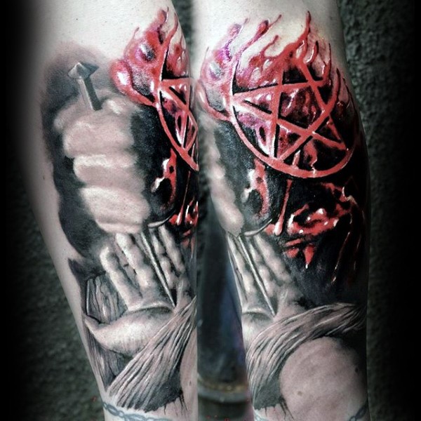 Colored horror style Jesus hand with nail and devils star tattoo