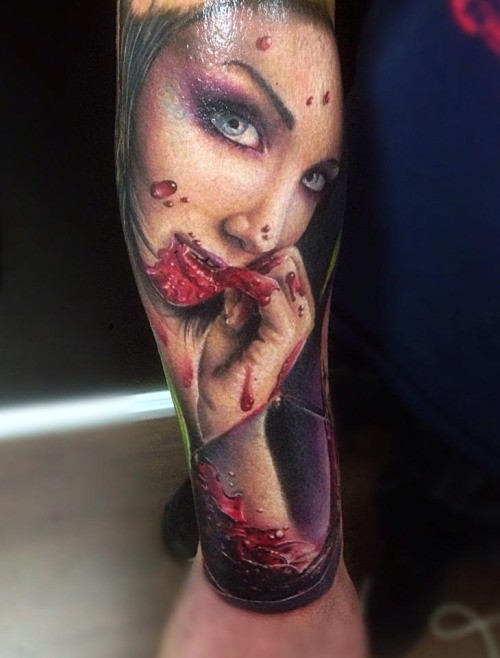 Colored Horror style large sleeve tattoo of vampire woman face