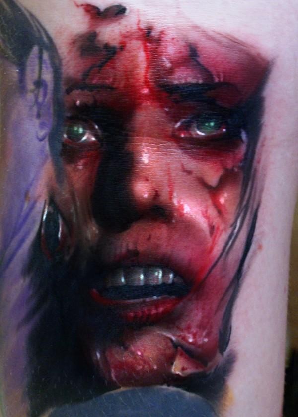 Colored horror style tattoo of creepy woman