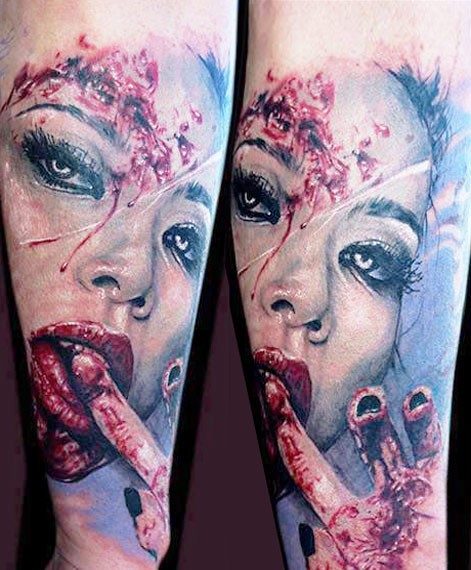 Colored horror style tattoo of woman face