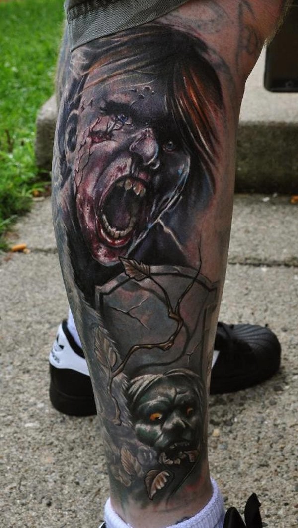 Colored horror style very detailed leg tattoo of various cemetery zombies
