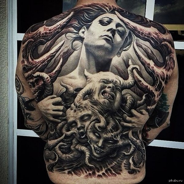Colored horror style whole back tattoo of woman with monsters