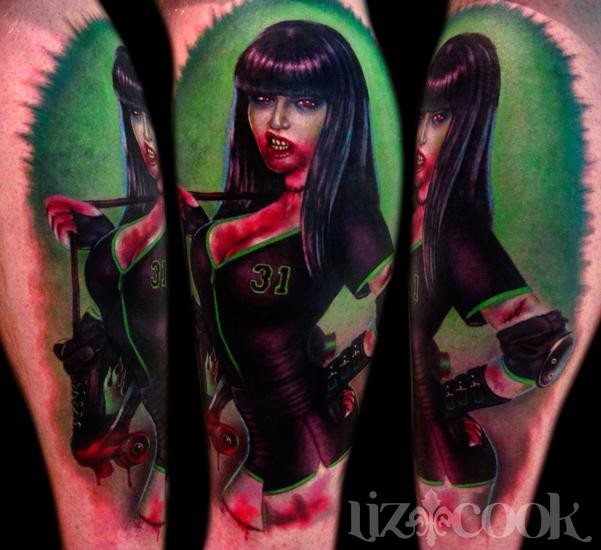 Colored horror superior looking vampire woman tattoo