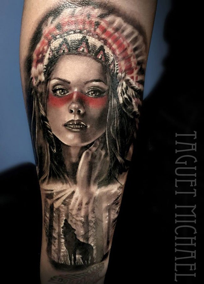 Colored Illustrative style arm tattoo of Indian woman with wolf