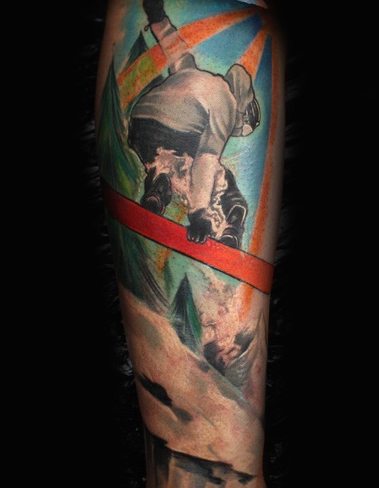 Colored illustrative style arm tattoo of cool snowboarder