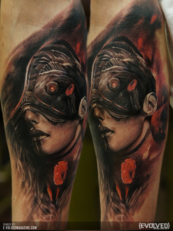 Colored illustrative style arm tattoo of woman with mystical helmet