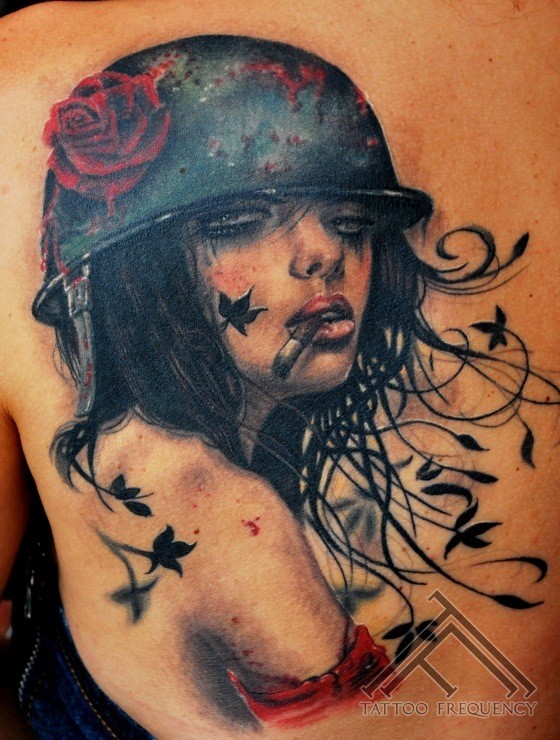 Colored illustrative style back tattoo of smoking sexy woman with rose