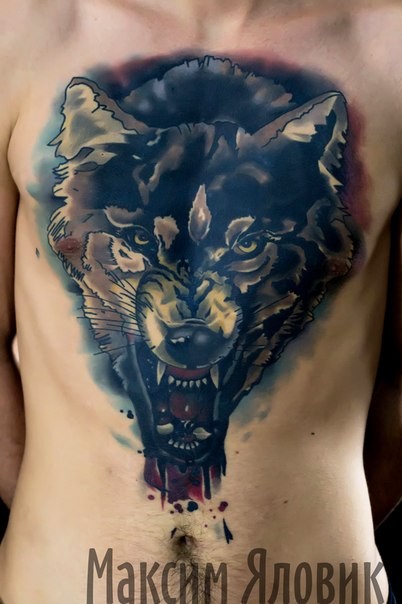 Colored illustrative style chest tattoo of evil wolf