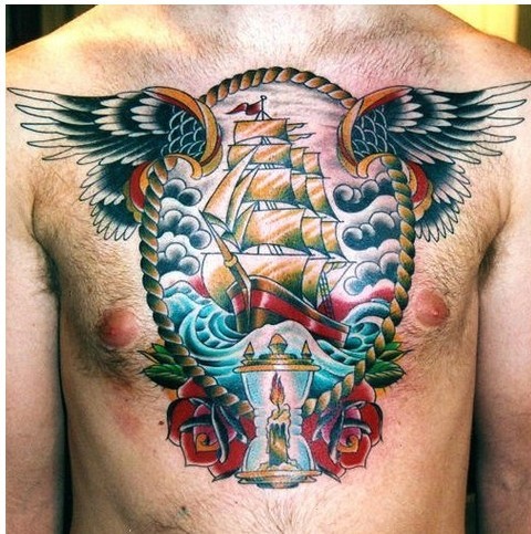 Colored illustrative style chest tattoo of sailing ship with rope and wings