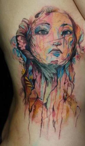 Colored Illustrative style colored side tattoo of woman portrait with flowers