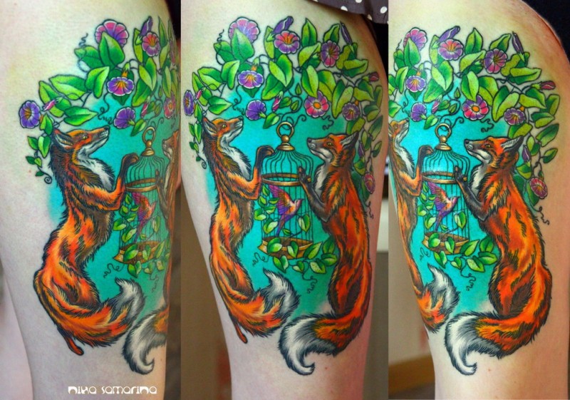 Colored illustrative style foxes tattoo on thigh with bird cage and flowers