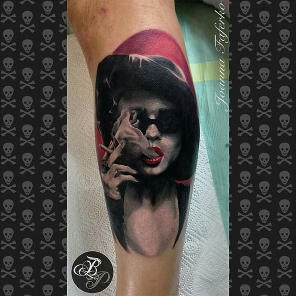 Colored illustrative style leg tattoo of seductive smoking woman