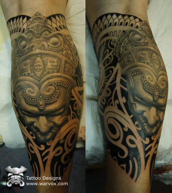 Colored illustrative style leg tattoo of ancient statue
