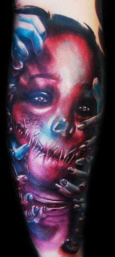 Colored illustrative style monster face tattoo