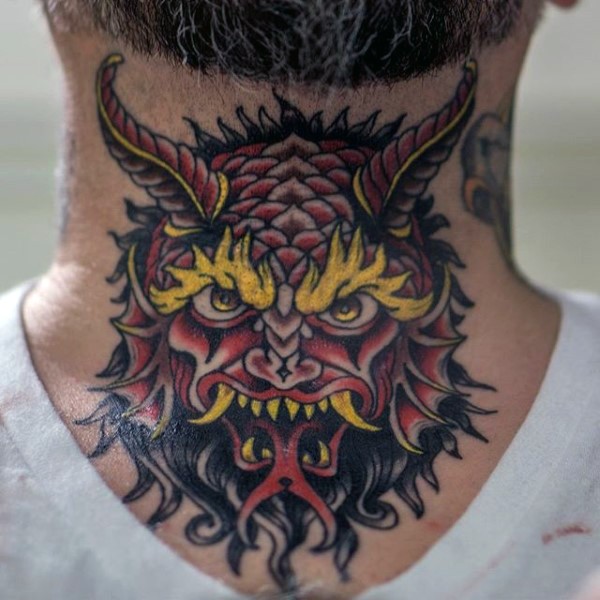 Colored illustrative style neck tattoo of devils head