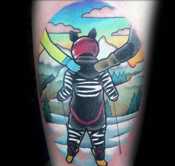 Colored illustrative style small boy skiing tattoo