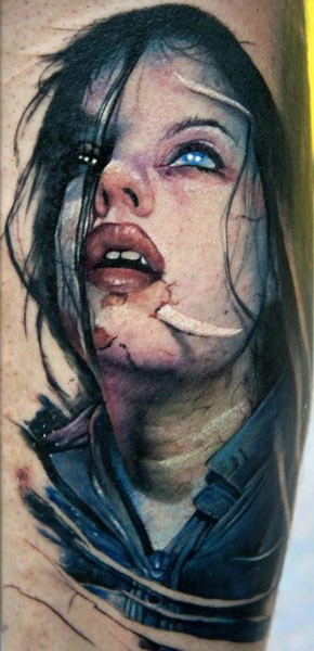 Colored illustrative style tattoo of mystical woman