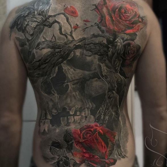 Colored illustrative style whole back tattoo of big tree with skull and rose