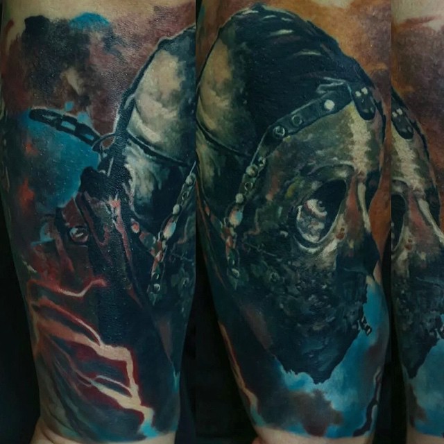 Colored image like arm tattoo of mystical man with mask