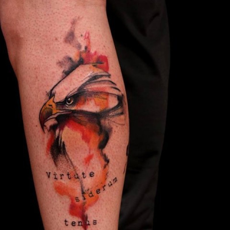 Colored interesting designed leg tattoo of eagle with lettering