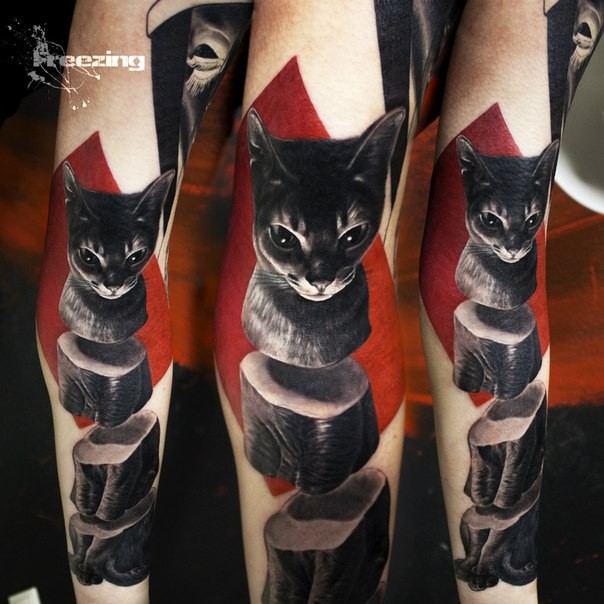 Colored interesting looking arm tattoo of stone cat statue