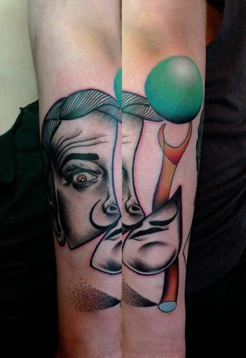 Colored Italian mafiozo portrait and ball tattoo in surrealism style with funny details