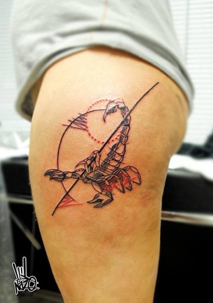 Colored ketch style thigh tattoo of big scorpion