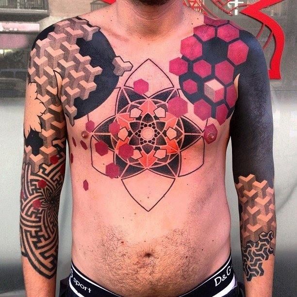 Colored large multicolored chest tattoo of various geometrical figures