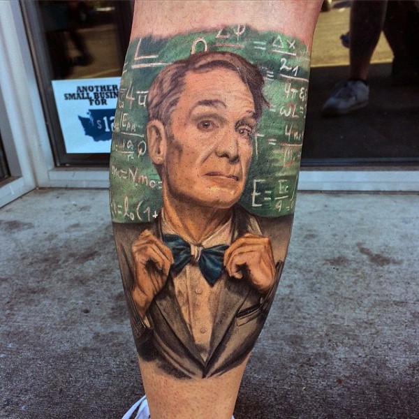Colored leg tattoo of cool scientist