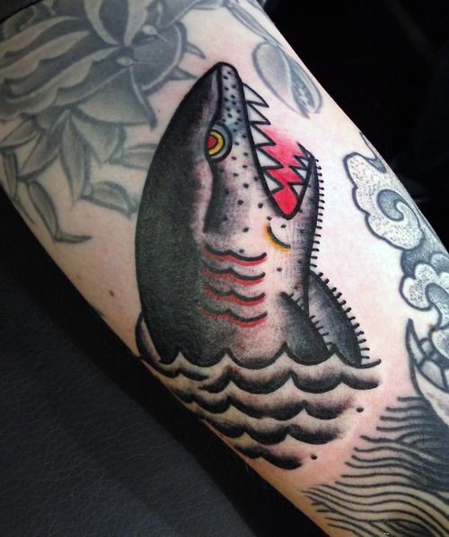 Colored old school style crazy shark with open jaw detailed tattoo