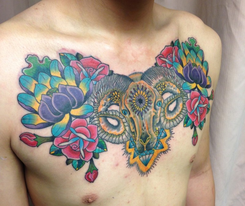 Colored ram tattoo with different flowers