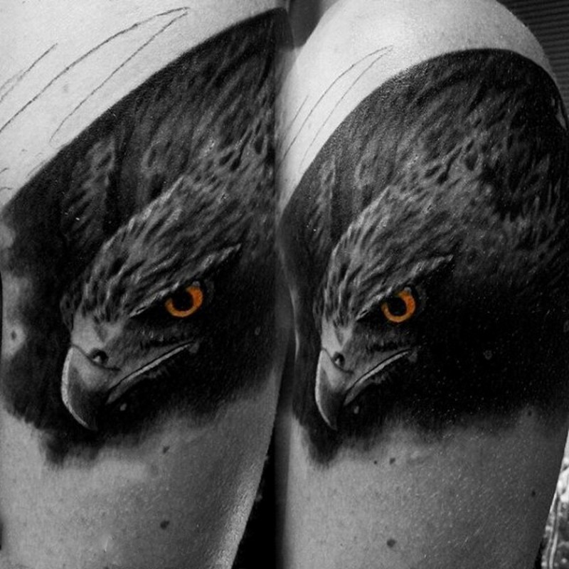 Colored real photo style colored shoulder tattoo of eagle head