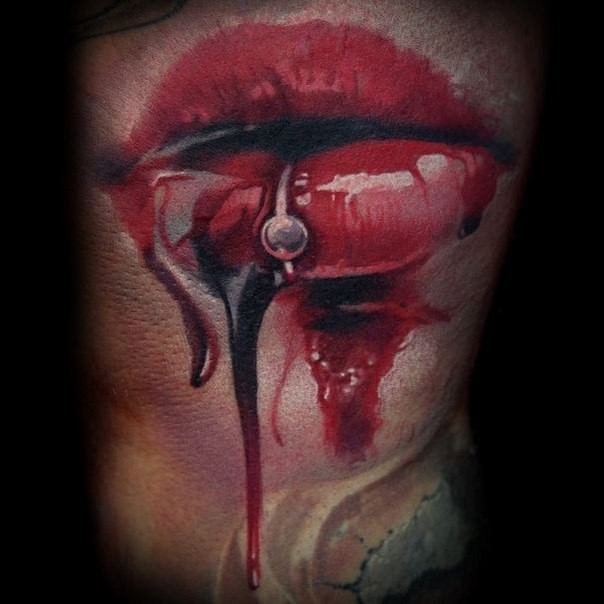 Colored realism style bloody pierced mouth tattoo