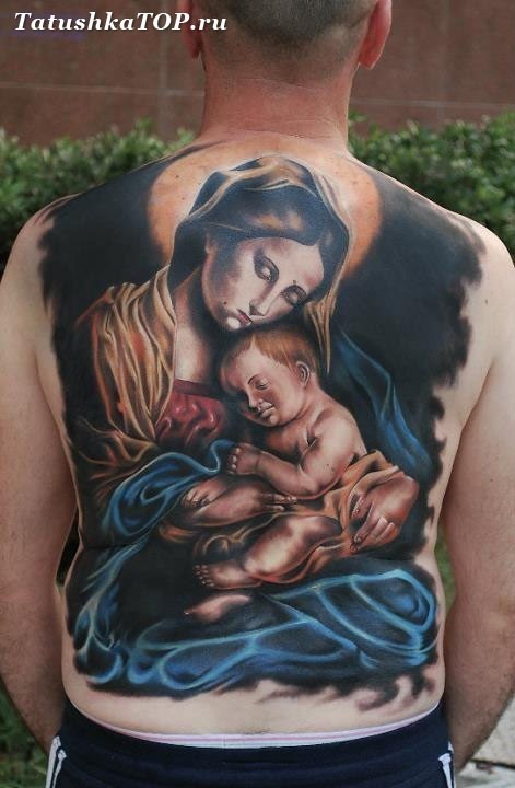 Colored religious style whole back tattoo of beautiful picture