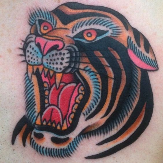 Colored roaring tiger&quots head tattoo in old school style