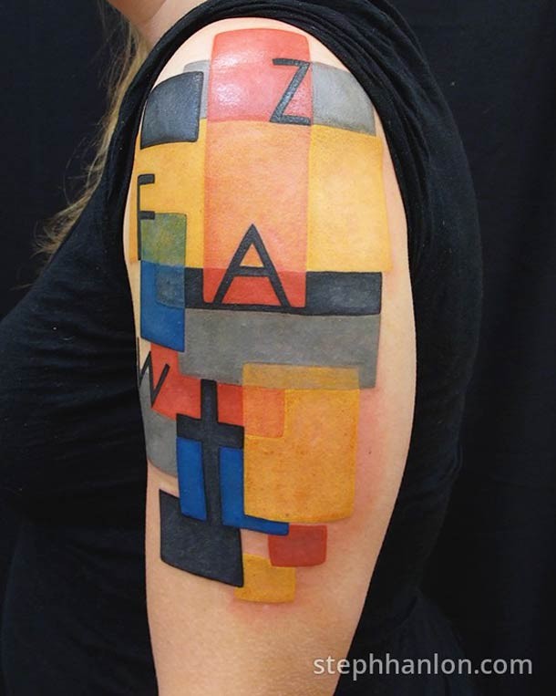 Colored shoulder tattoo of geometrical figures with letters