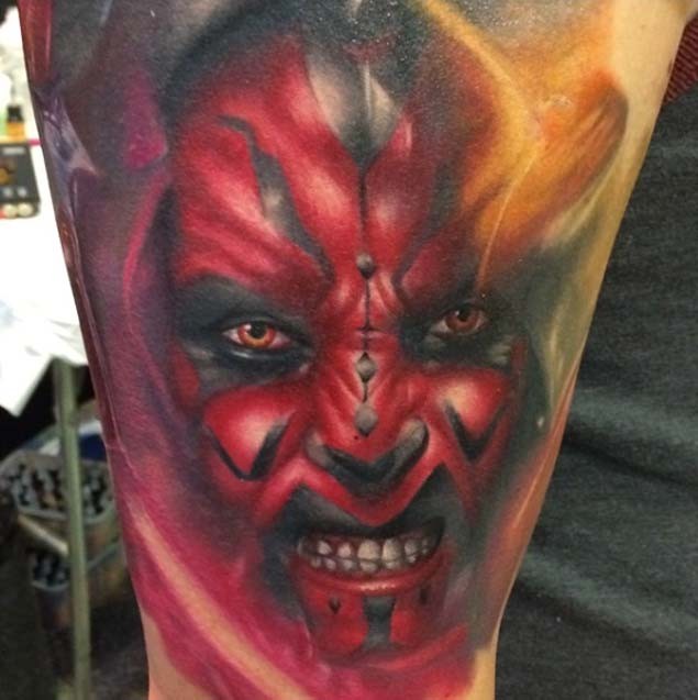 Colored shoulder tattoo of Star Wars episode one dark jedi