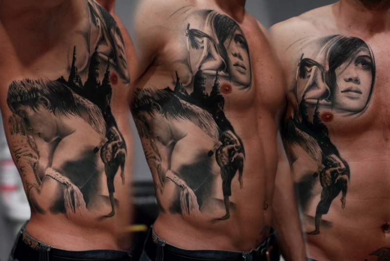 Colored side tattoo of various statues
